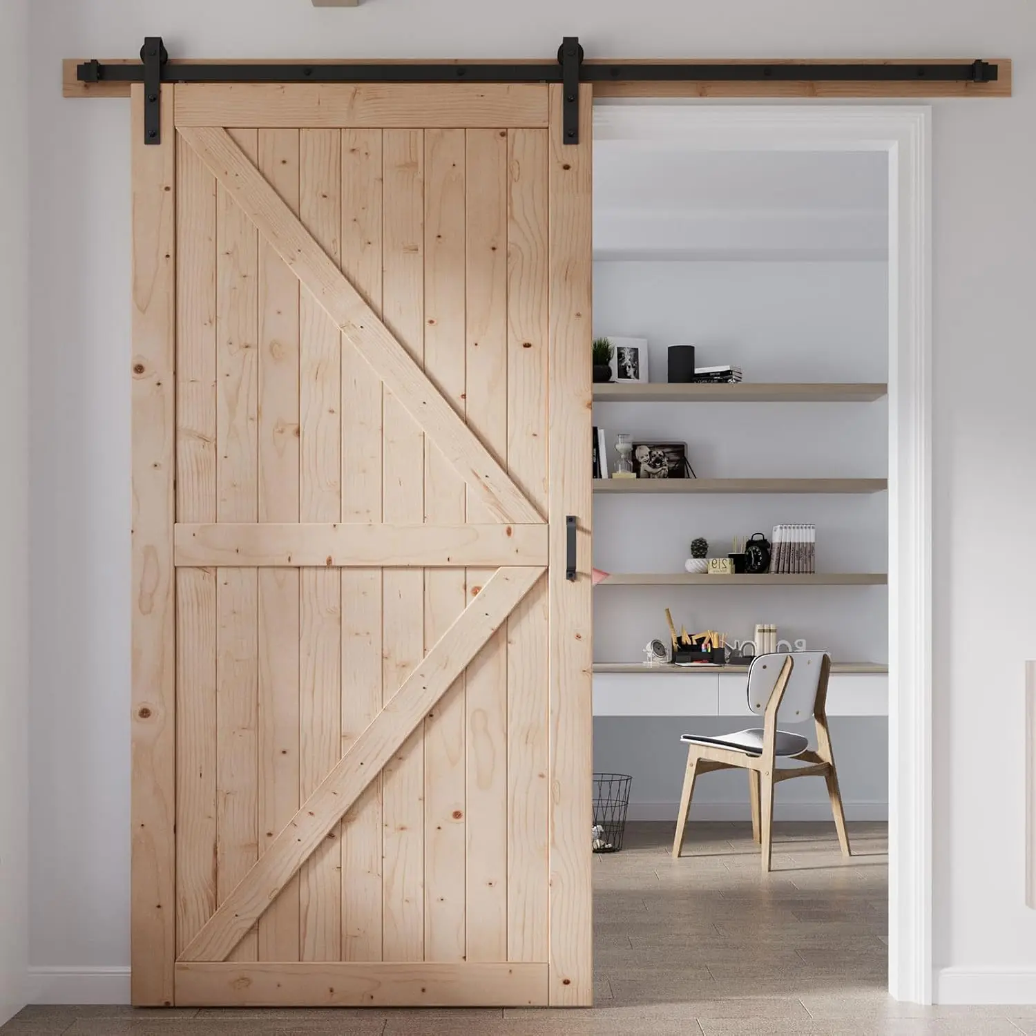 Wood Sliding Barn Door with 8FT Hardware Kit, K Shape Solid Spruce Panel, Double Surface Design, Assembly Required
