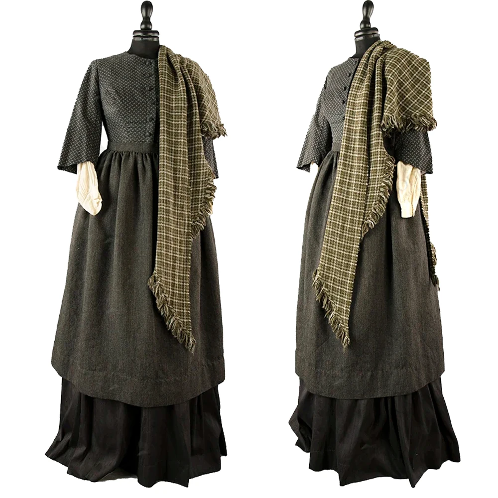 

1860 Medieval Bustle Ball Gown Black Dress with Shawl Victorian Costume for Women Renaissance Dinner Plaid Dress Outfit
