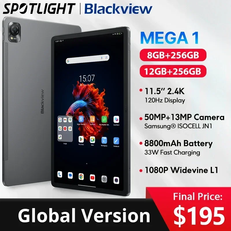 【World Premiere】Blackview MEGA 1 11.5 inch 2.4K 120Hz Display 8GB/12GB 256GB 50MP+13MP Camera 33W Fast Charging 8800mAh Battery