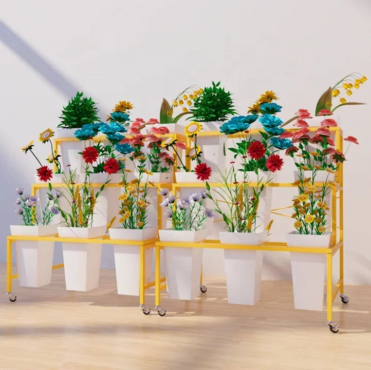 

Hot Sale Showroom Store Movable Decorative Artificial Flower Greet Plant Golden Metal Display Stand Rack With 9/12 Buckets