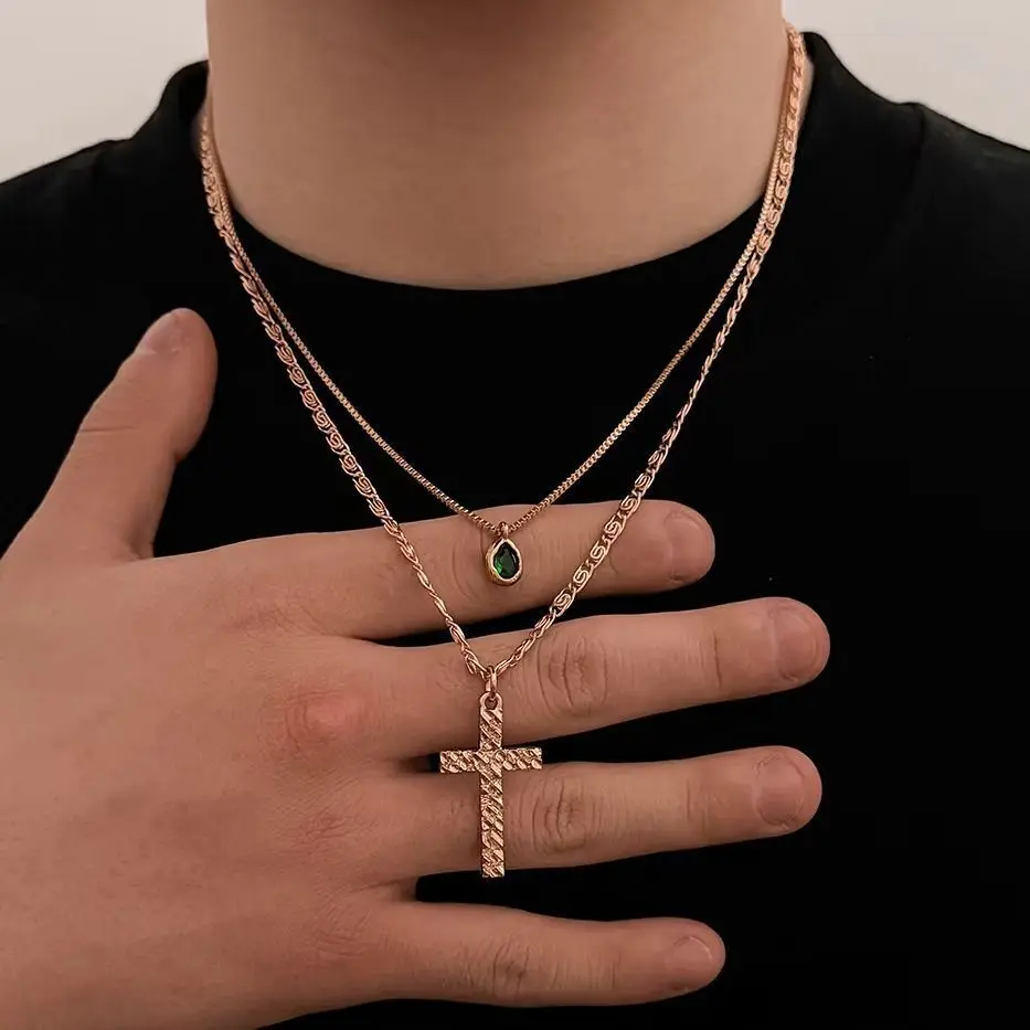 Salircon 2 Pcs/set Vintage Acrylic Drill Cuban Link Chain Cross Pendant Necklace for Men Fashion Charm Clavicle Chain Jewelry