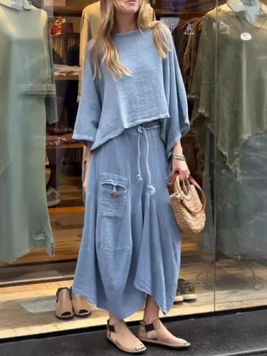 Imagen 1 del producto Falda holgada de algodón y lino para mujer, conjunto de dos piezas de Color sólido, Top Irregular, falda con bolsillo en la cintura, moda de otoño 2024