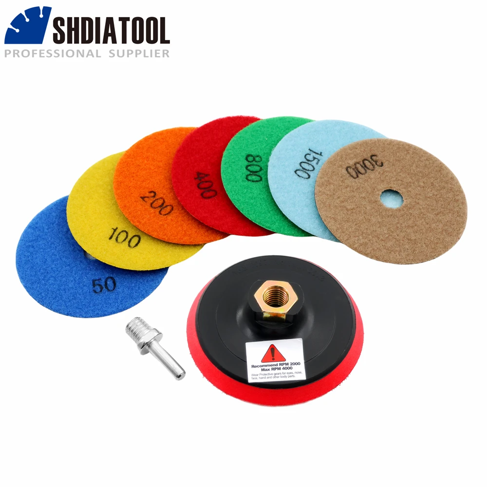 Shdiatool 7 Stuks 100Mm Diamant Polijsten Pads Set 50-3000 + 1 Stuk M14 Schuim Plastic Velco Backer Voor Haakse Slijper + Ronde Schacht Adapter