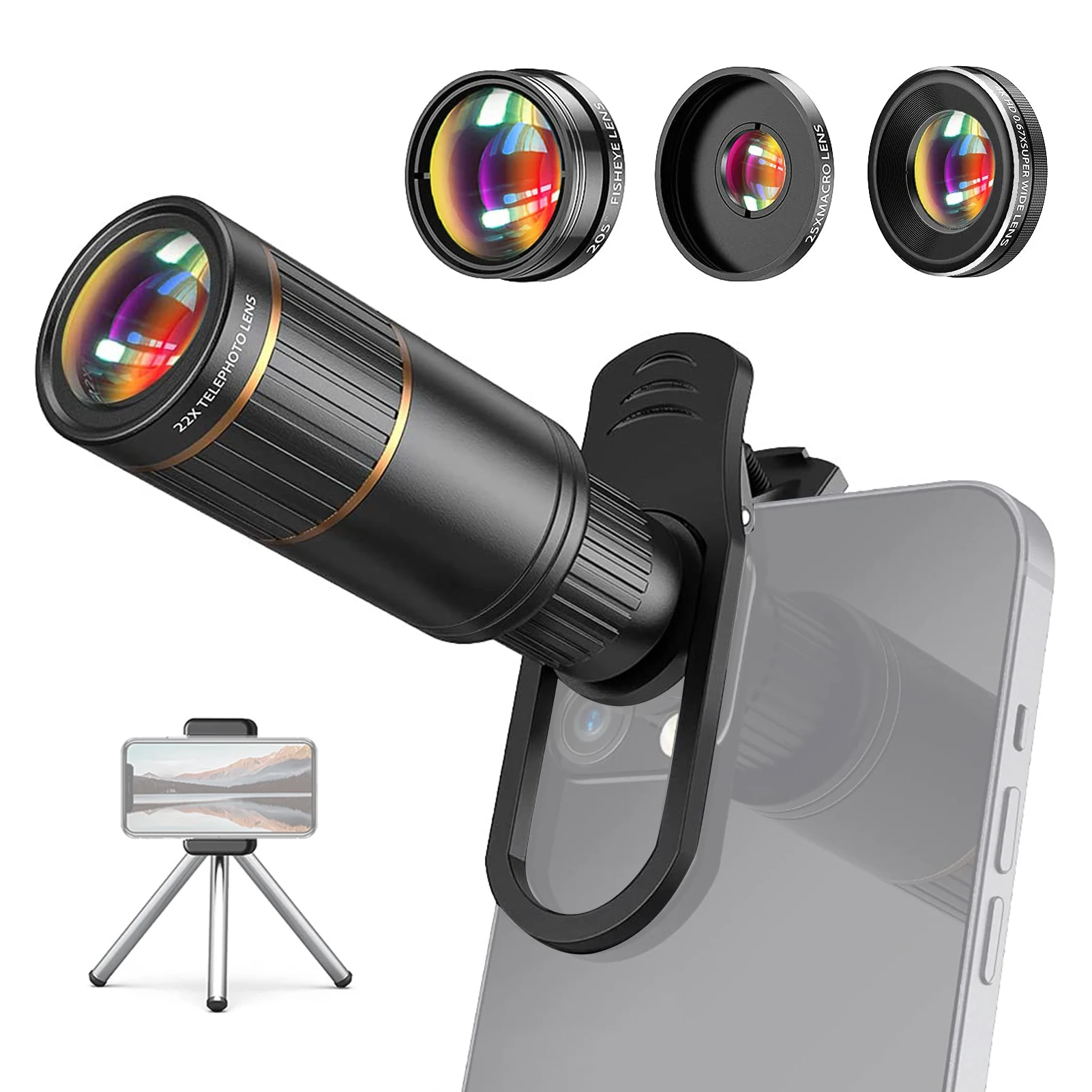 4-in-1 Phone Lens Kit External Phone Camera Lens Set with 22X Telephoto Lens & 205° Fisheye Lens & 4K 0.67X Wide Angle L