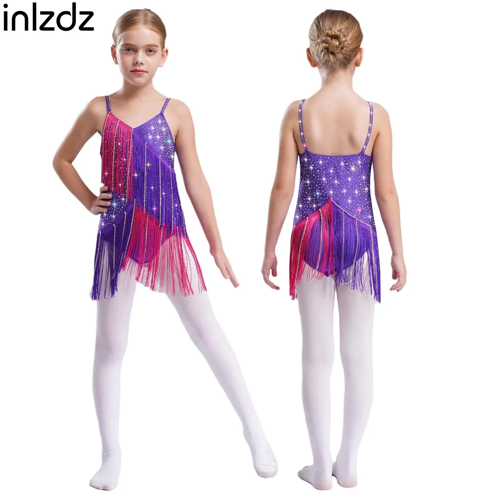 

Kids Girls Jazz Latin Dance Cha-cha Tango Samba Rumba Performance Costume Sleeveless Fringe Bodysuit Tassels Leotard Dancewear