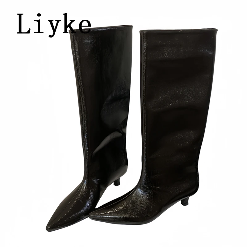 Liyke Sexy Pointed Toe Low Thin Heels Modern Boots Women Cozy PU Leather Knee High Booties Stiletto Runway Shoes Woman Size 40