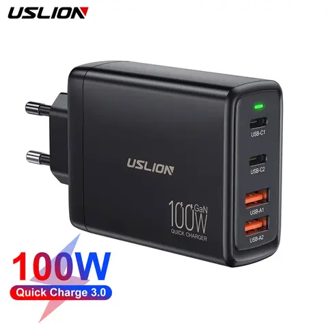 USLION 100W 4 In 1 GaN 충전기 노트북 고속 충전기 iPhone 15 14 Pro Max Poco Quick Charge 용 USB 유형 C 데스크탑 충전기 어댑터