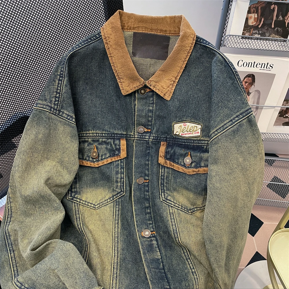 

American High Street Retro Blue Denim Coat Long Sleeve Single Breasted Jacket Tops Fall Winter Loose Turn Down Collar Outerwear