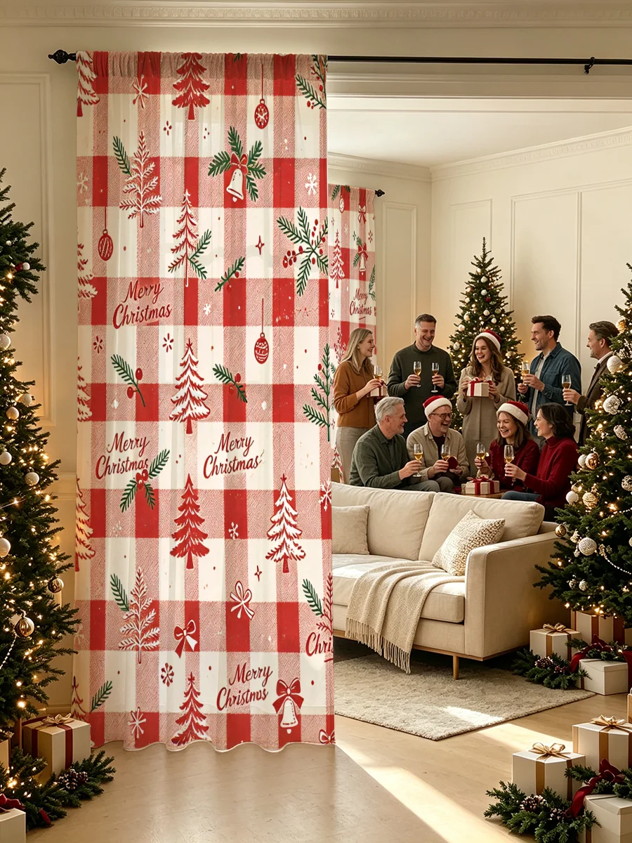 Buffalo Plaid Christmas Tree Printed Curtains 2 PCS, Rod Pocket Polyester Window Drapes, Holiday Decor Matching