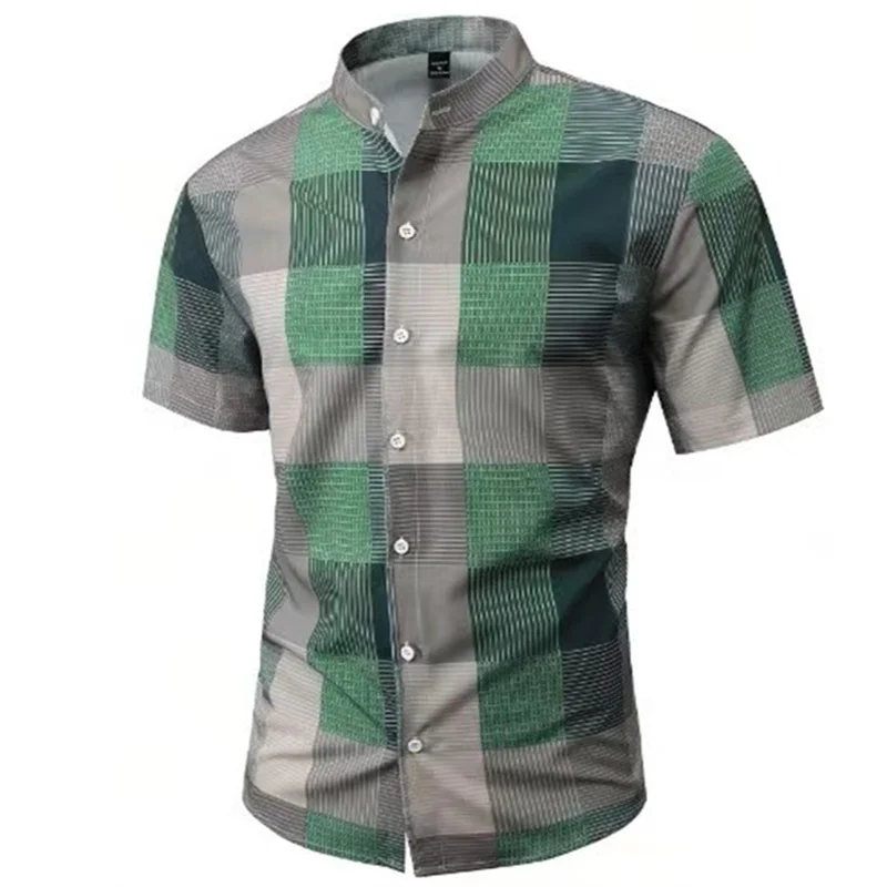 Men's Four-Way Stretch Stand Collar Summer Shirt Button-Up Checkered Short Sleeve Casual Everyday Clothing 5XL