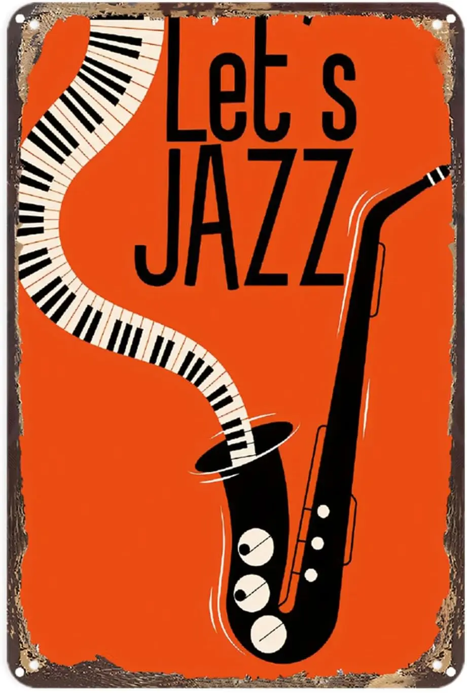 Let's Jazz Music Saxophone and Piano Keys Vintage Jazz Music Metal Sign Print Aesthetic Room Decoration for Home Bedroom Dor