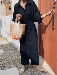 2023 ZANZEA Women Spring Solid Dress Long Sleeve Lapel Neck Mid-calf Vestidos Femme Fashion Casual Elegant Shirt Loose Sundress