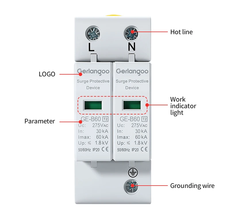 AC SPD 2P 40KA 60KA 275V 385V Haus-Blitzschutzgerät Niederspannungs-Überspannungsableiter – Detail 8