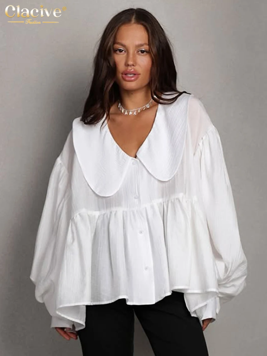 Clacive Fashion Loose White Women's Shirt 2025 Casual Lapel Long Sleeve Shirts Elegant Classic Solid Blusas Top Female Clothing