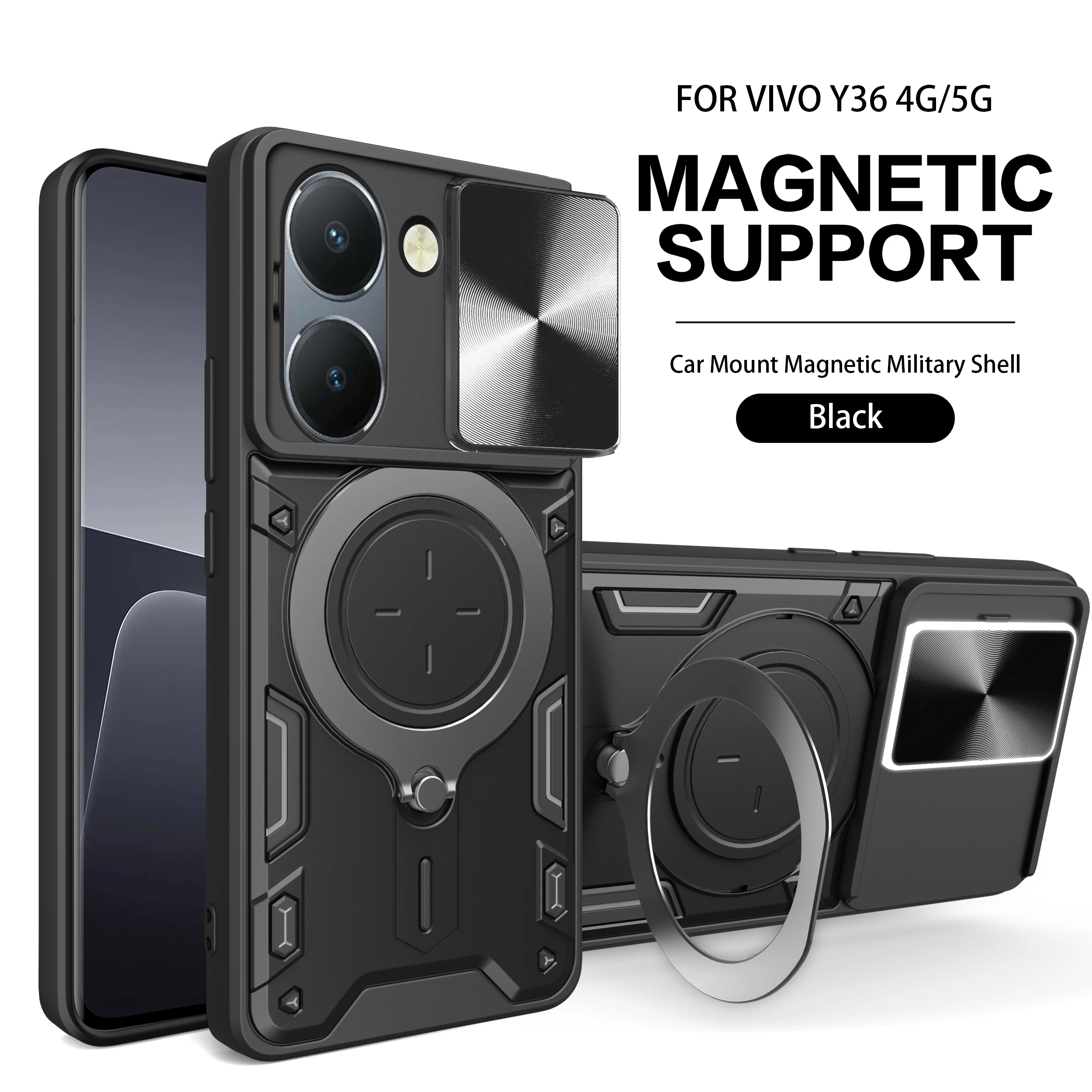 Case for vivo Y36 5G Slide Camera Car Mount Magnetic Holder Soft Edges Hard Shockproof Luxury Phone Cover vivoY36 5G V2247 V2248