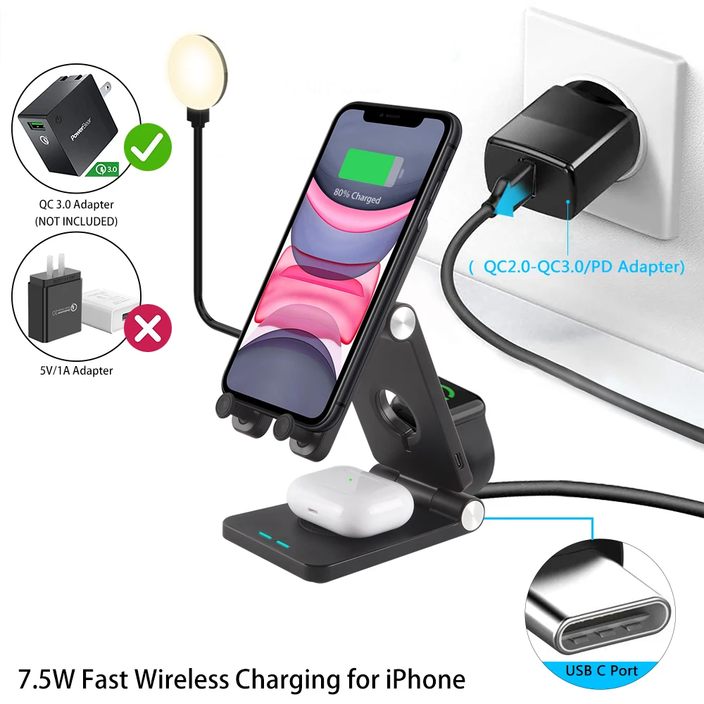 4 in 1 Wireless Charger Phone Watch Earphone Night Light Phone Holder Wide Compatible Simultaneous Charging Portable
