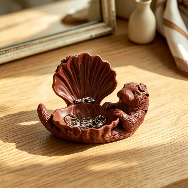 Cross-border Supply Cute Otter Shell Jewelry Tray Retro Brown Resin Ring Earring Necklace Storage Dish Bedroom Vanity Decor Orna