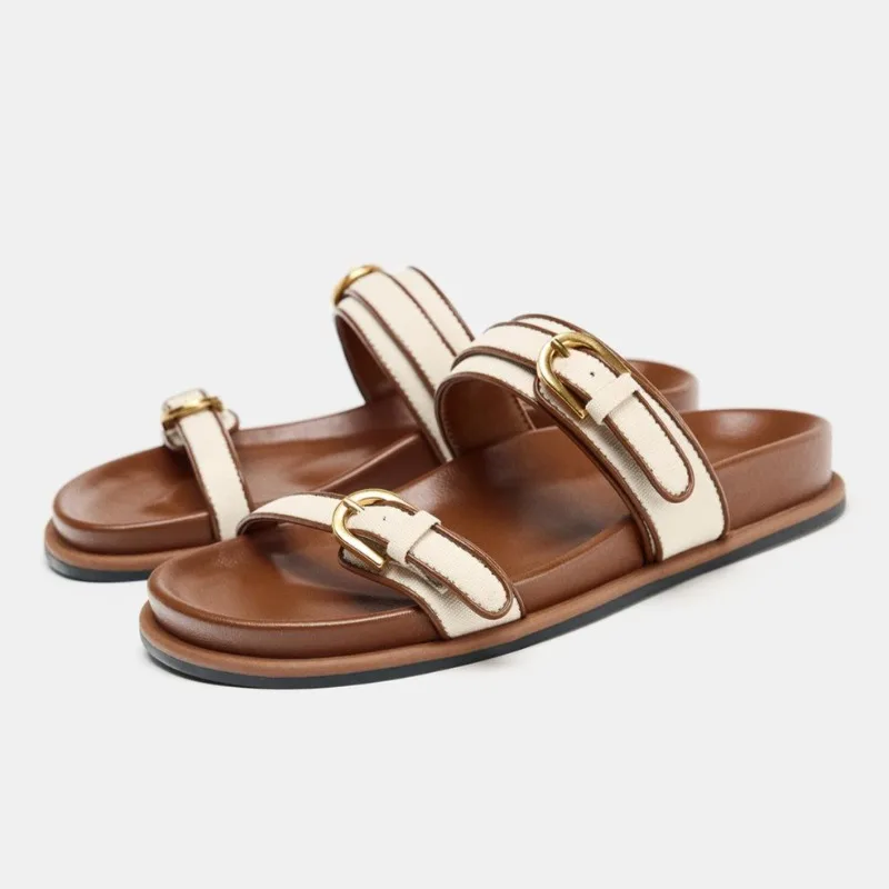 

Women's Platform Slippers Denim Flat Shoes with Metal Buckle Decor, Comfortable Non-Slip Narrow Band Casual Shoes