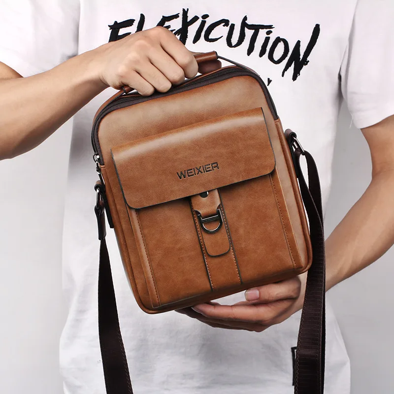 WEIXIER New Men Retro Briefcase Casual Shoulder Bag Fashionable Business PU Handbag Travel Crossbody Bags Outdoor Sports Man Bag