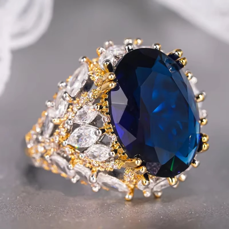 

Huajie Dainty Bright Oval Blue Cubic Zircon Rings for Women Shining Temperament Engagement Evening Ring Accessory Jewelry