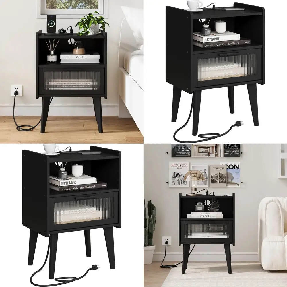 

2-Tier Charging Station Nightstand with Storage, Ideal for Bedroom or Living Room, Black