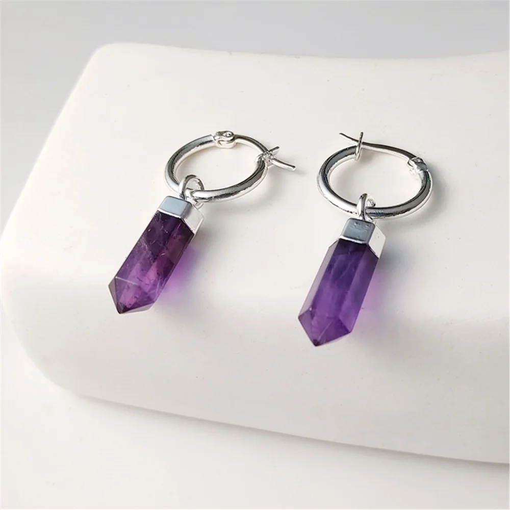 FUWO 1 Pair Natural Crystal Point Earrings,silver Plated Handmade Faceted Semi-precious Stone For Women Gift ER125Y