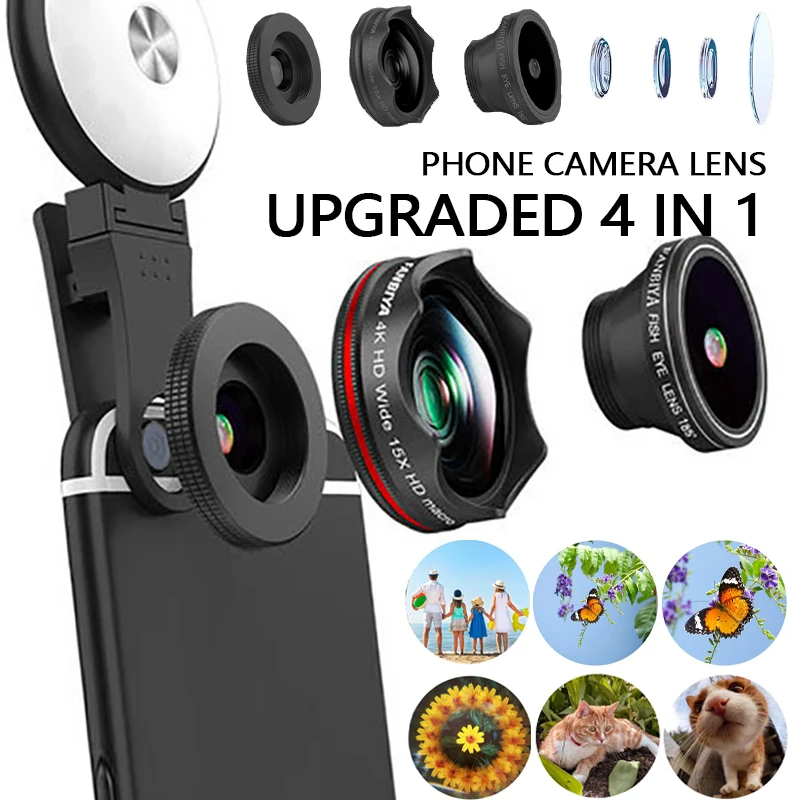 4 in 1 Phone Camera HD 150° Super Wide Angle Professional Lens With Fill Light 15x Macro Camera Photo For All Smartphones