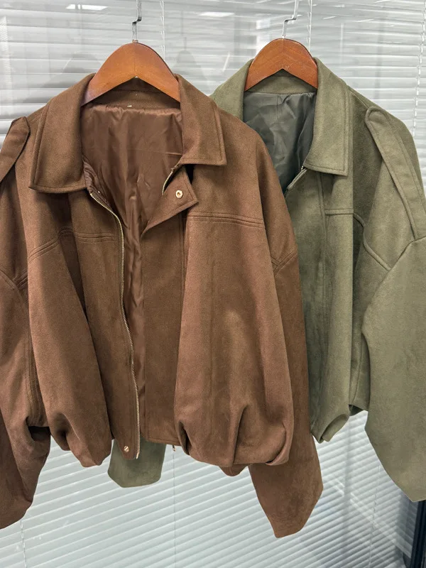 Loose Suede Jacket Women's Street Style Pilot Coat Fall Velvet Surface 9 Colors Available Breathable Long Sleeve Zipper Closure