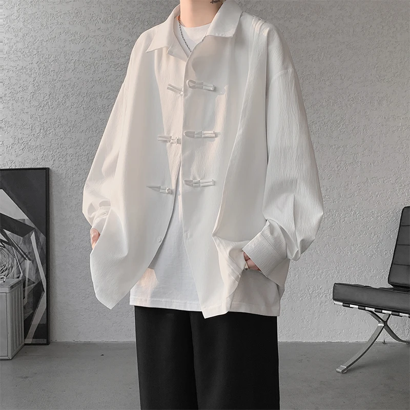 Men\'s Dial Buckle Solid Long Sleeve Shirt Chic Pleated Decor 2024 Spring New Loose Casual Traditional Chinese Style Clothing