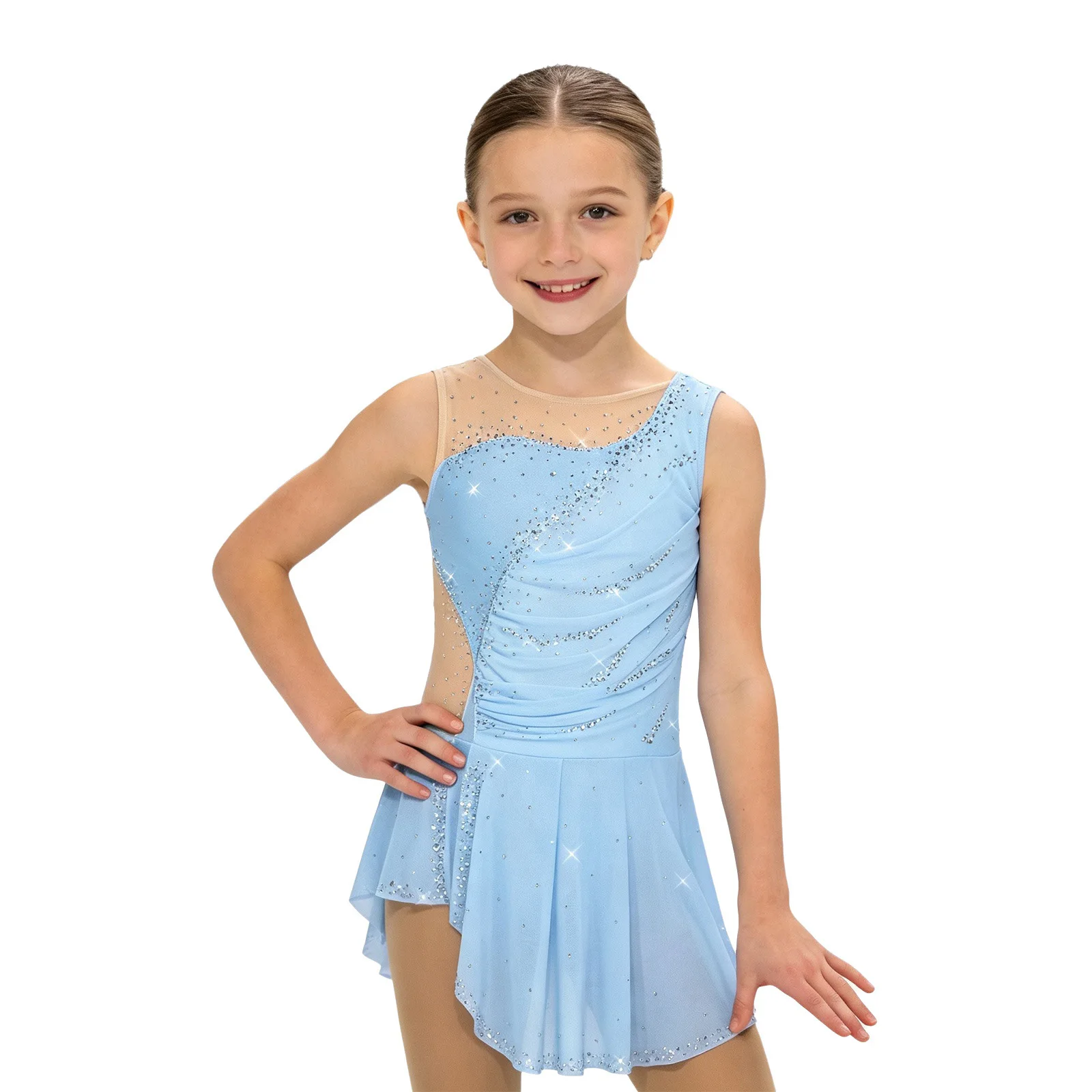 Kinder Mädchen Gymnastik Eiskunstlauf Ballett Tanzkostüm Funkelnde Strasssteine Gerafftes Netzkleid mit Seitenschlitz und Eingebautem Slip – Detail 9
