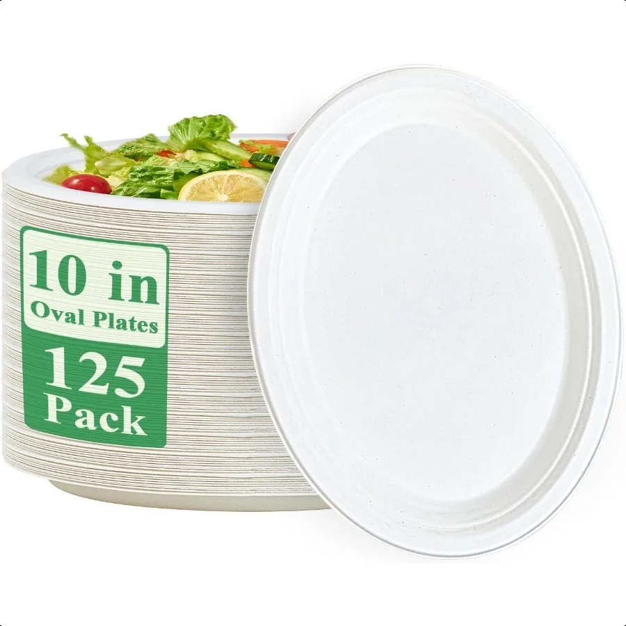 

100 Compostable Oval Paper Plates 10 inch 125 Pack er Strong Paper Plates Bagasse Natural Biodegradable EcoFriendly Sugarcane
