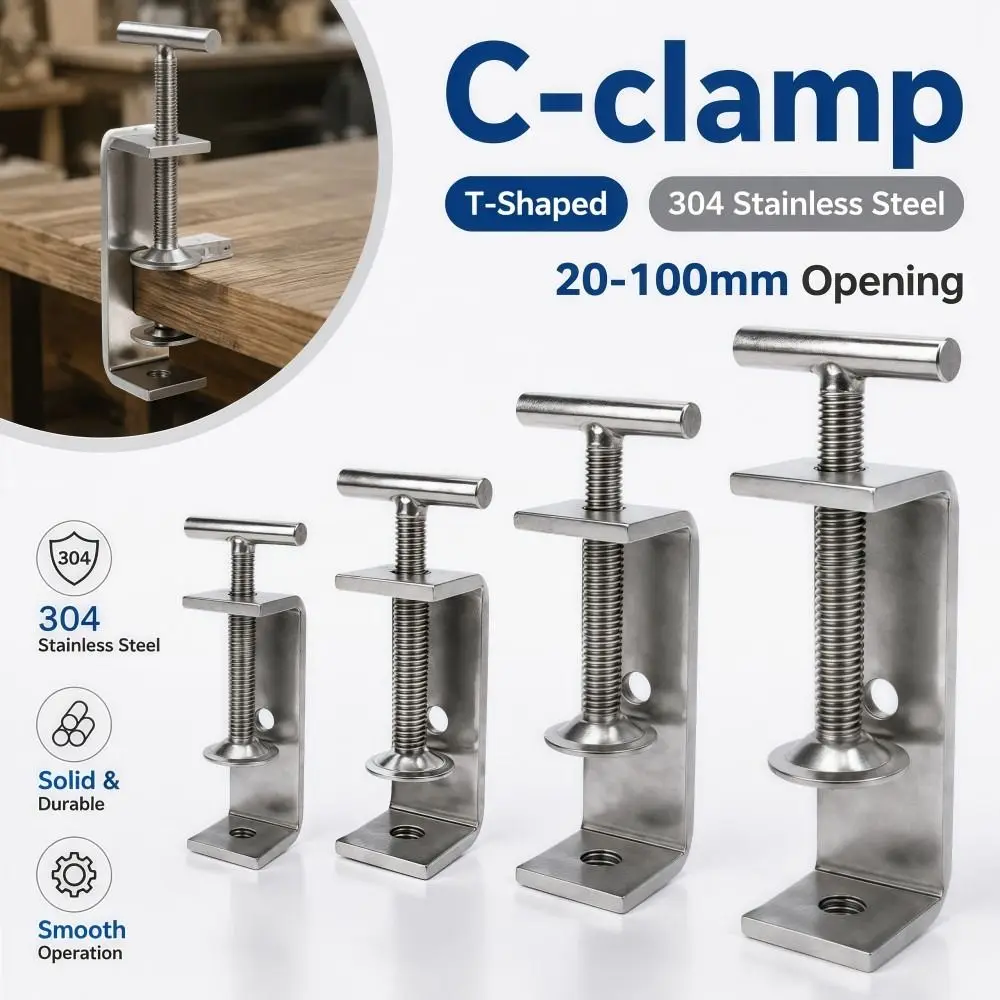 1pc 304 Stainless Steel C-clamp T-Shaped 20-100mm Opening Square Clamp Adjustable Sturdy Fixed Holder Clip Hardware Fasteners