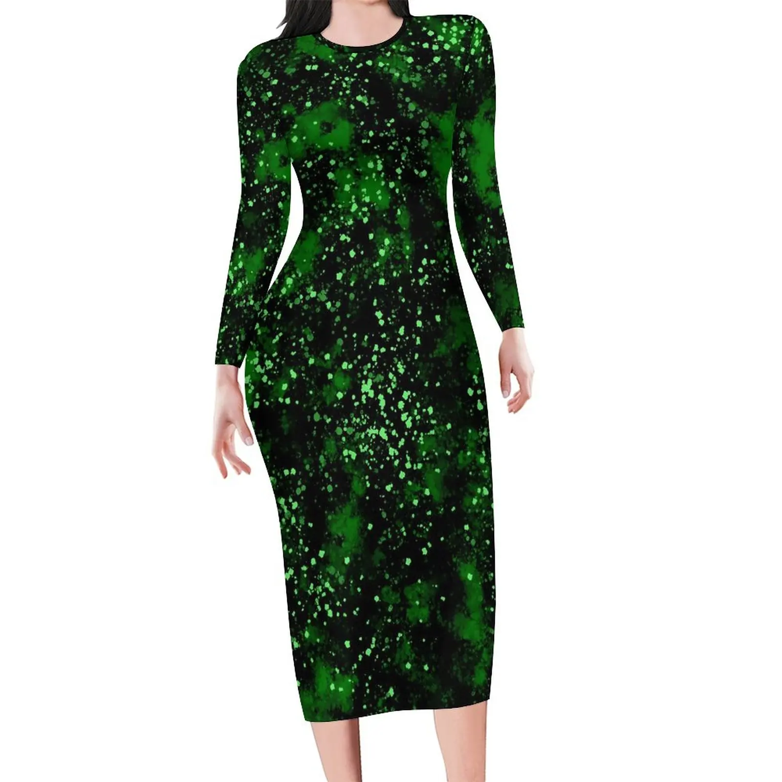 Abstract Splatter Paint Dress Long Sleeve Black and Green Retro Dresses Autumn Woman Aesthetic Graphic Bodycon Dress Big Size