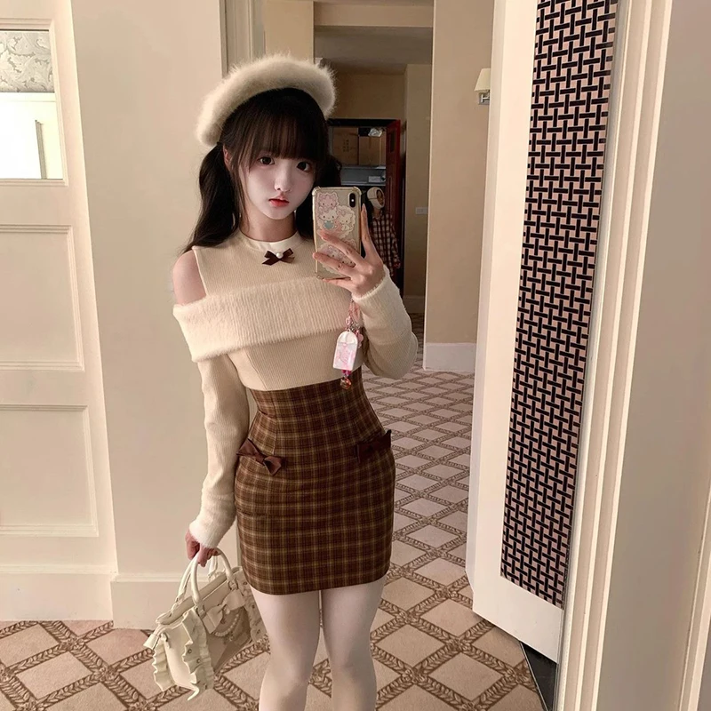 MEXZT Vintage Bow Mini Dress Women Japanese Cute Plaid Patchwork Dresses Autumn Winter Off Shoulder Long Sleeve Bodycon Vestidos