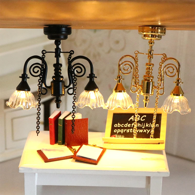 1/12 Dollhouse Miniature Chandelier LED Ceiling Light 2 Heads with Tassels Mini Hanging Lamp For Doll House Decor