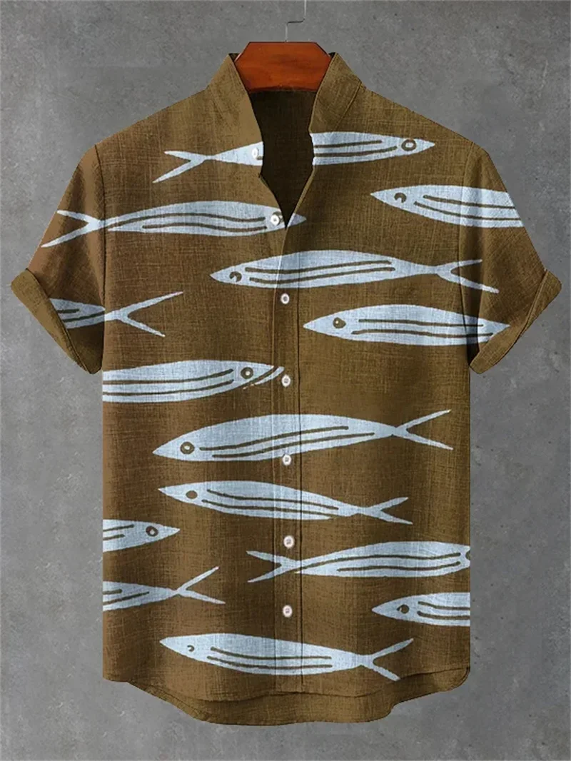 Men's Linen Button Shirt Elegant Art Flower Print Short Sleeve Summer Casual Top