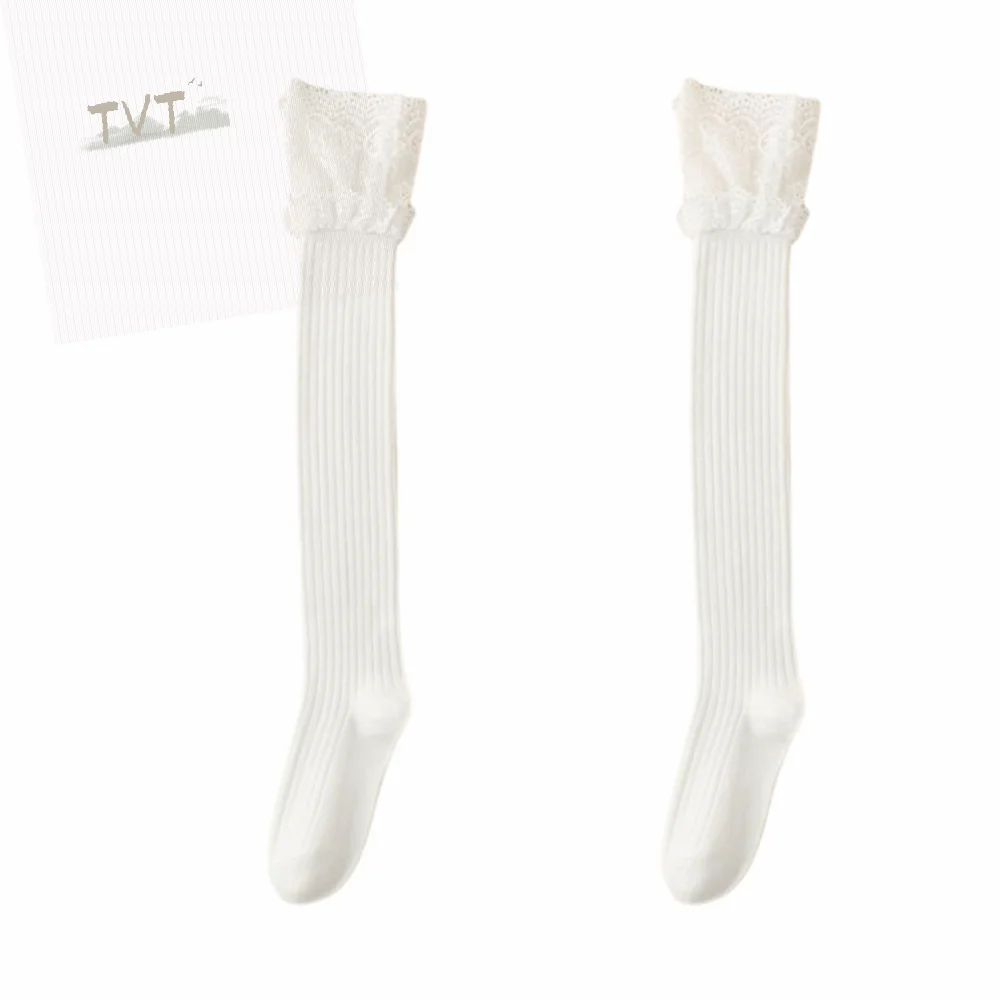 

Trendy Solid Color Women's Long Socks Breathable Soft Girl's Stacked Socks Lace Trim Stretchy Knitted Stockings Lolita Style