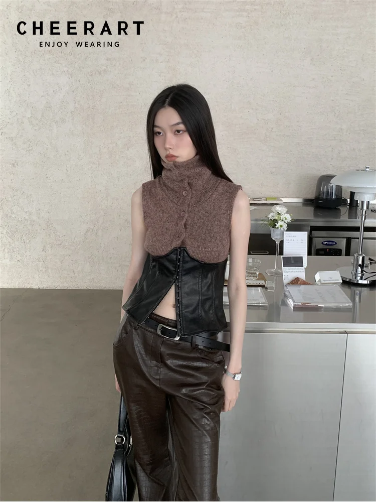 CHEERART Brown Leather Patchowrk Cardigan Sweaters For Women 2023 Designer Sleeveless Knit Top Spring Clothes