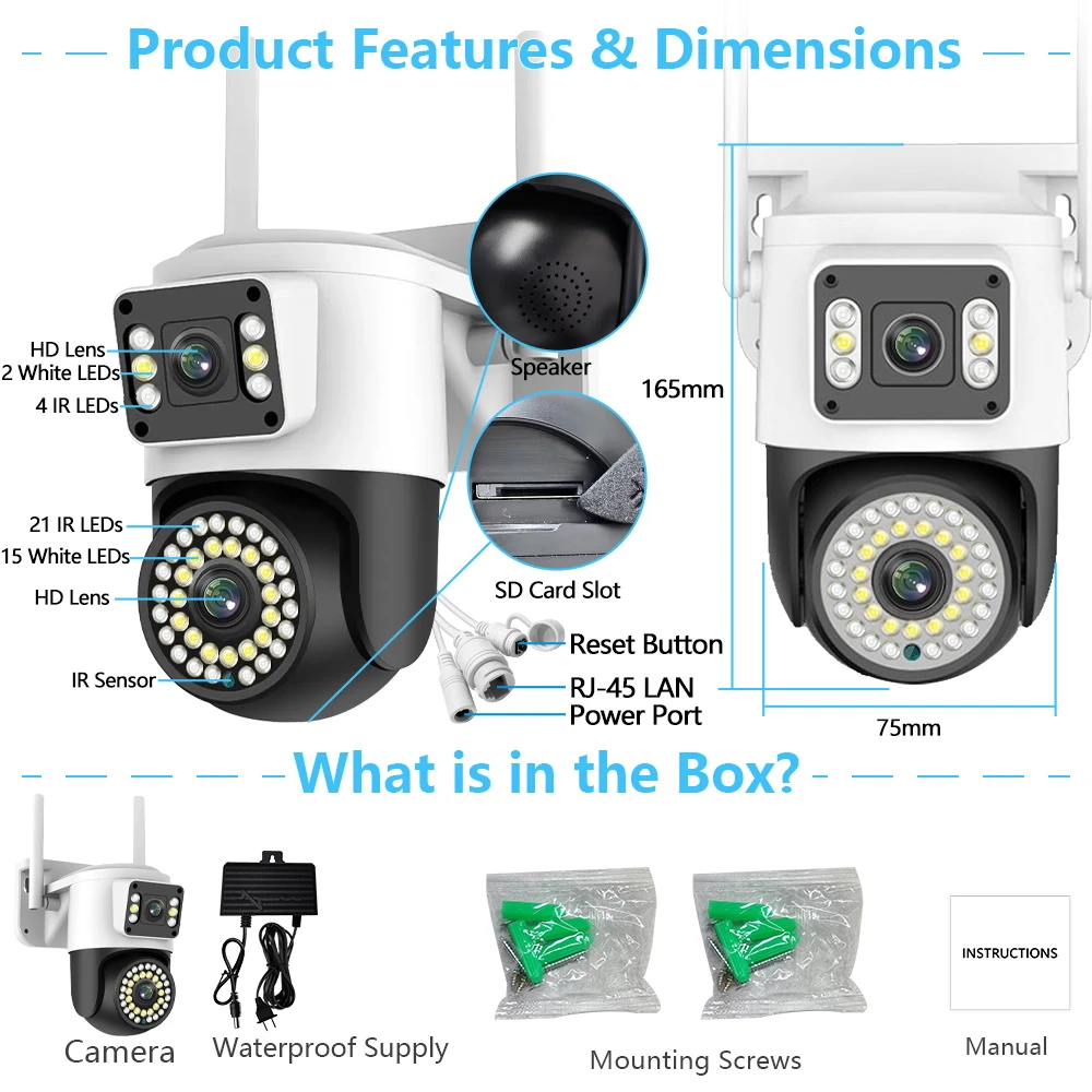 4MP Yoosee Dual Lens IP Camera WIFI Outdoor Auto Tracking Waterproof Wireless Security Home Camera Color Night Vision