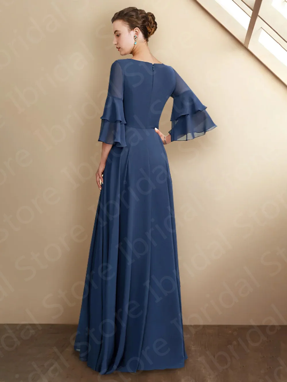 On Sale Simple Dark Blue Mother of the Bride Dresses Chiffon V Neckline   3/4 Sleeves Wedding Guest Gowns 2023