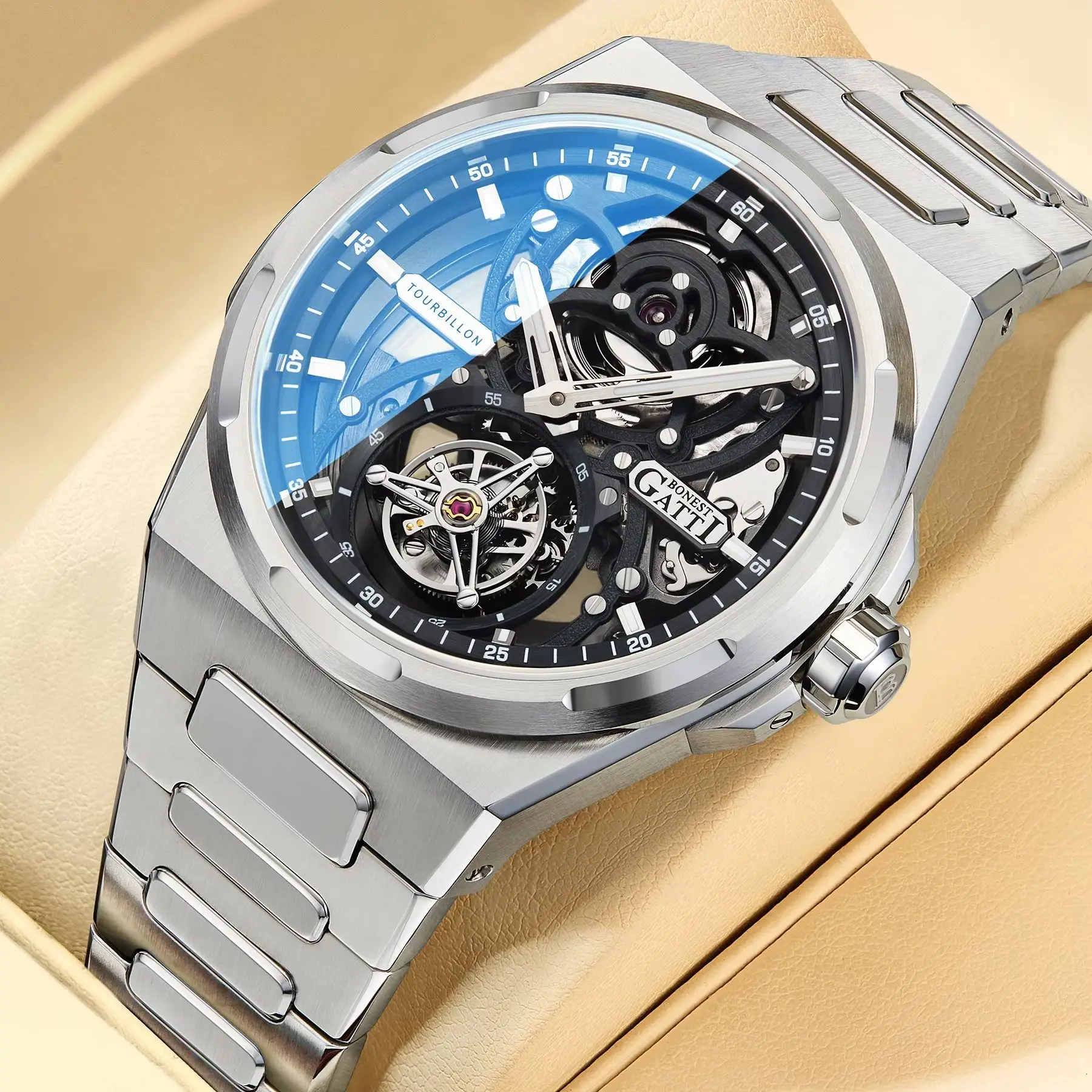 BONEST GATTI Men Tourbillon Watch 42mm Automatic Mechanical Wristwatch Waterproof Sapphire Luminous Skeleton Quick Release Strap