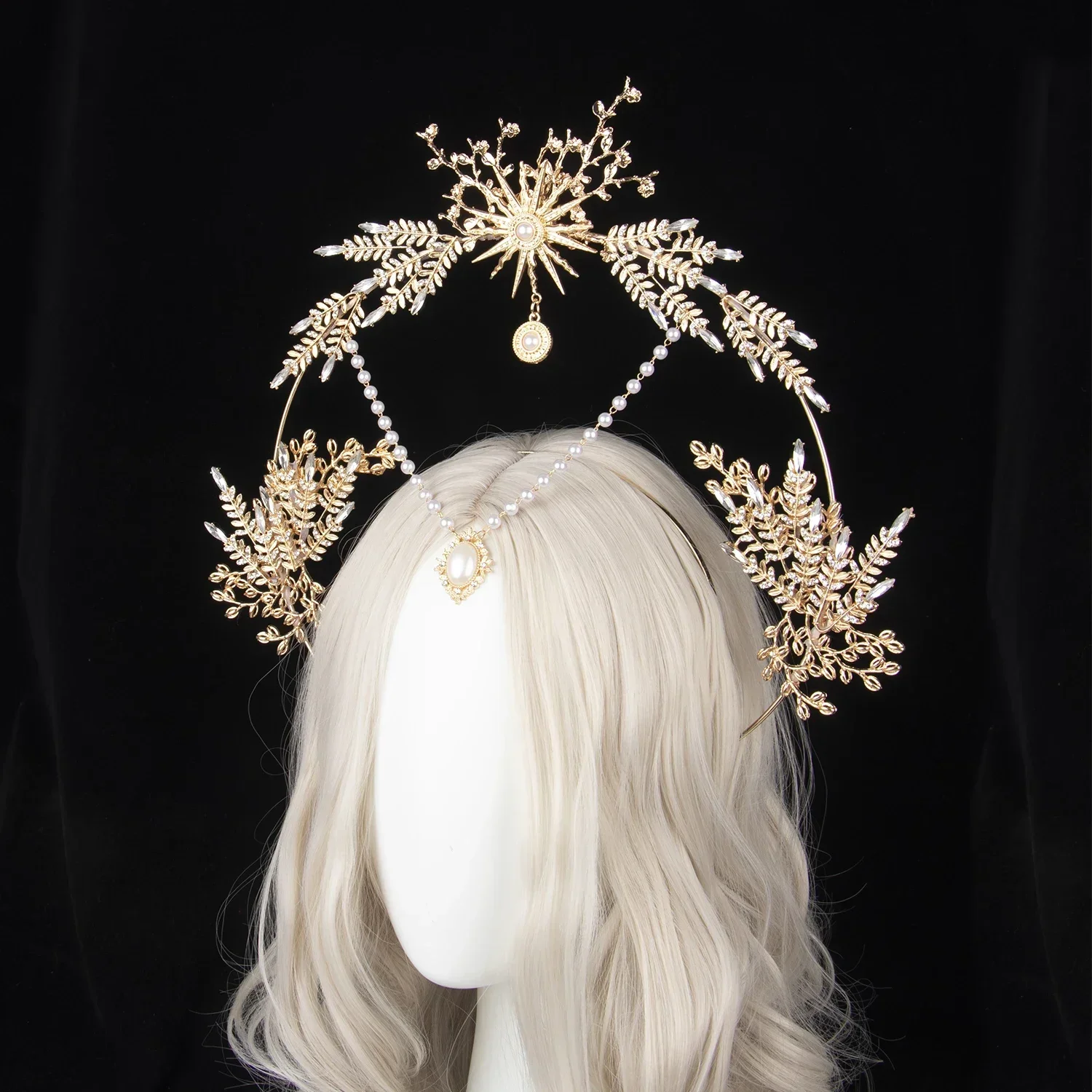 수제 로리타 태양 여신 KC 헤일로 크라운 웨딩 신부 바로크 진주 도금 크리스탈 리프 크라운 헤드 피스 티아라 헤어 액세서리