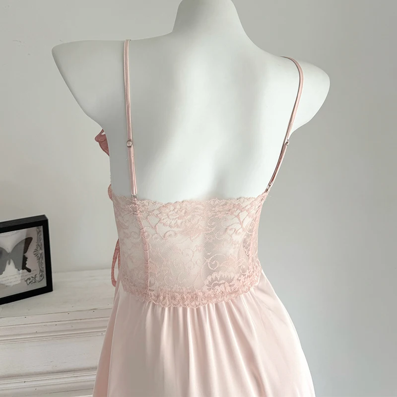 Female Spaghetti Strap Nightgown Intimate Lingerie Sexy Lace Mini Nightgdress Chemise Sleepwear Ackless Ice Silk Skirt Home Wear