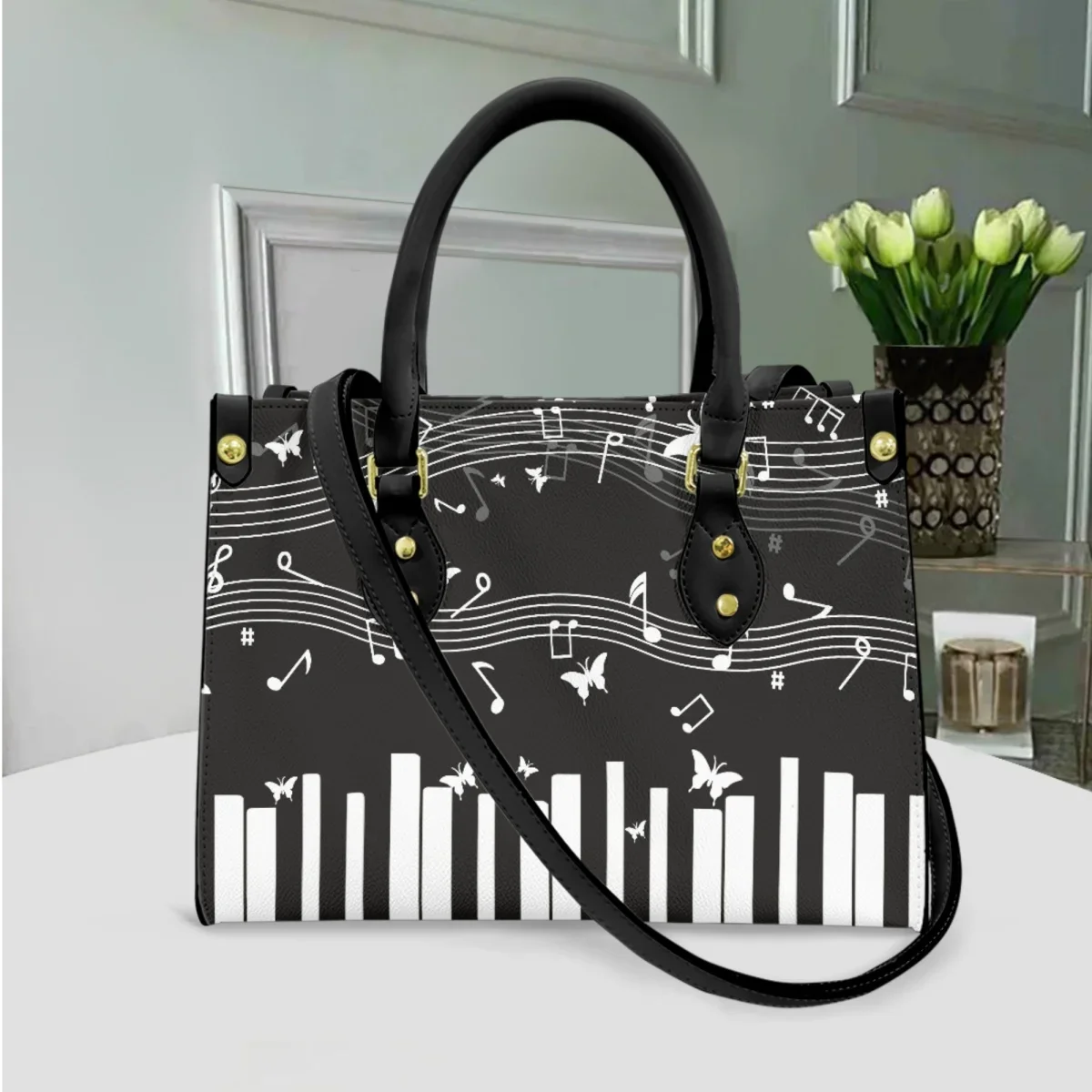 Luxury Designer Piano Note Printing PU Leather Handbag Fashion Long Shoulder Strap Top Handle Messenger Bag Outdoor Street Totes