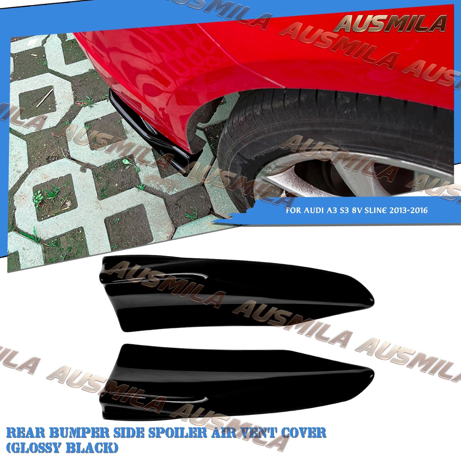 

For Audi A3 S3 8V Sline 2013-2016 Car Exterior Rear Bumper Lip Diffuser Side Spoiler Air Vent Cover Canard Splitter Gloss Black