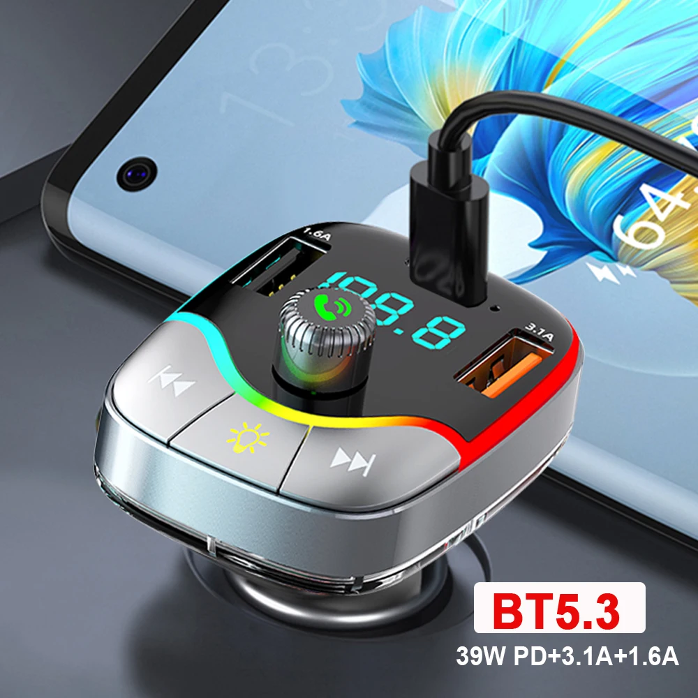 

Bluetooth 5.3 FM Transmitter Handsfree Car Radio Modulator PD+3.1A Double USB Phone Charger Quick Charging RGB USB AUX Music Kit