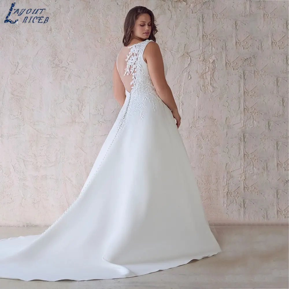 LAYOUT NICEB Spaghetti Straps Appliques Satin Wedding Gowns 2024 Deep V-Neck Backless Bridal Dresses Back Buttons suknia ślubna