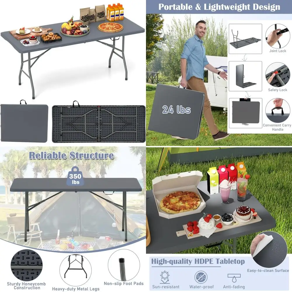 

Folding 6 Feet Plastic Outdoor Table with HDPE Top, Sturdy Metal Frame, Carry Handle, Heavy Duty for Indoor and Outdoor Use