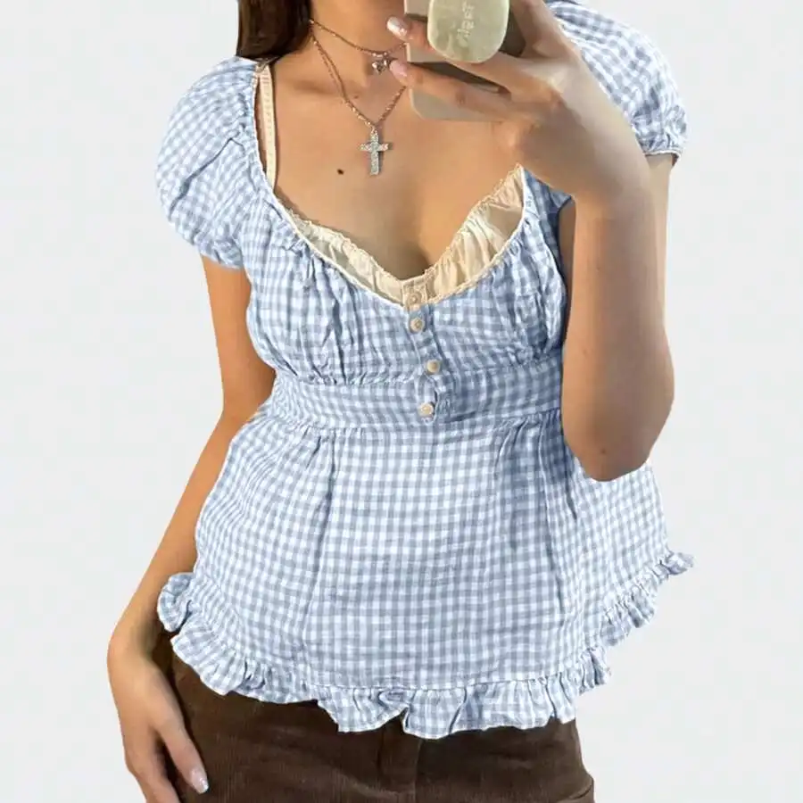 

Blue Gingham Crop Top With Lace Trim Short Sleeve Babydoll Top Women Vintage Aesthetic