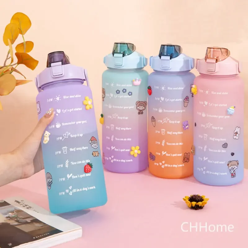 Kawaii Water Bottle 2 Liters Sport Motivational Water Bottle with Straw Time Marker Plastic Cups Drinkware Large Capacity Termos